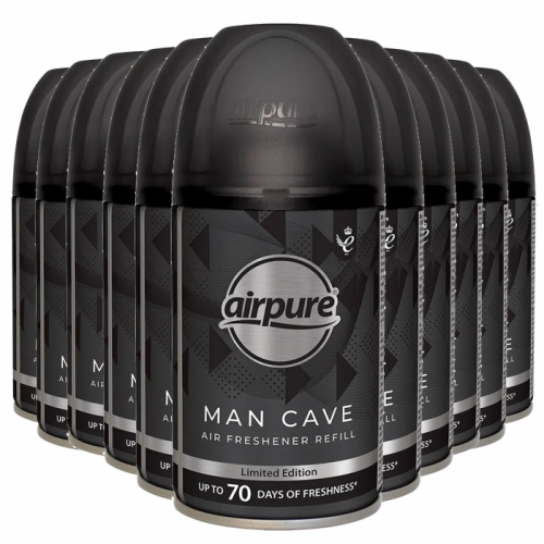 12 x AIRPURE MAN CAVE REFILL CAN AUTOMATIC FRAGRANCE AIR FRESHENER 250ml