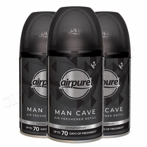 3 x AIRPURE MAN CAVE REFILL CAN AUTOMATIC FRAGRANCE AIR FRESHENER 250ml