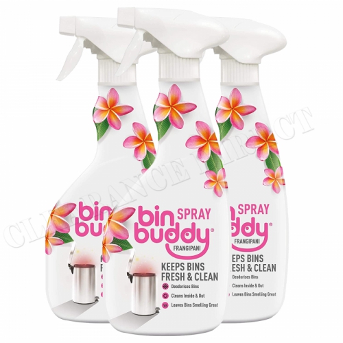 3 x Bin Buddy Indoor Outdoor Bin Freshening Frangipani Spray, Floral Pink, 500ml