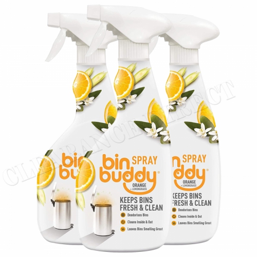 3 x Bin Buddy Indoor Outdoor Bin Freshening Spray, Orange & Lemongrass 500ml