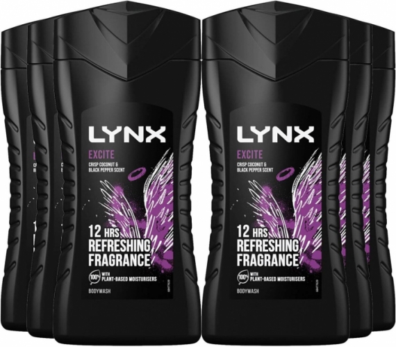 6 Pack of 225ml Lynx 12 Hour Refreshing Excite Feeling Clean and Fresh