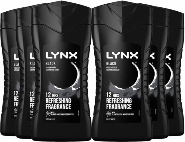 6Pk of 225Ml Lynx 12H Refreshing Black Frozen Pear & Cedarwood Scent Body Wash