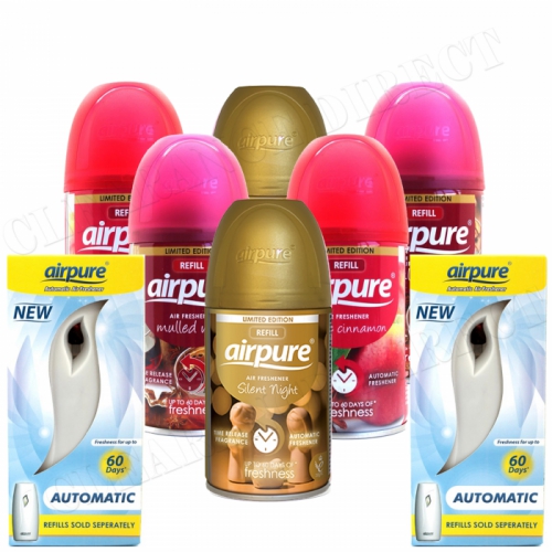 6 X AIRPURE AIR FRESHNER AUTOMATIC SPRAY LUXURY CHRISTMAS SCENTS + 2 MACHINES