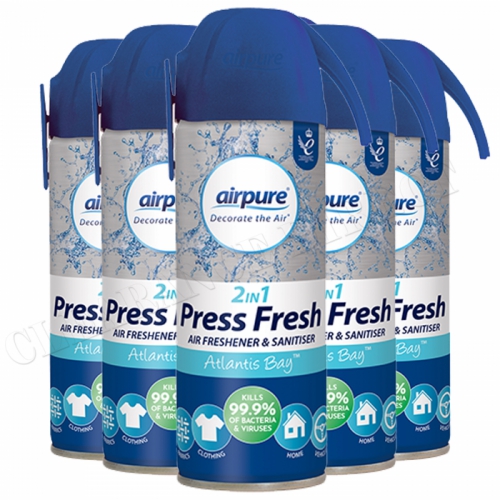 6 x AirPure 2in1 Press Fresh Air Freshener & Sanitizer Spray Atlantis Bay 180ML