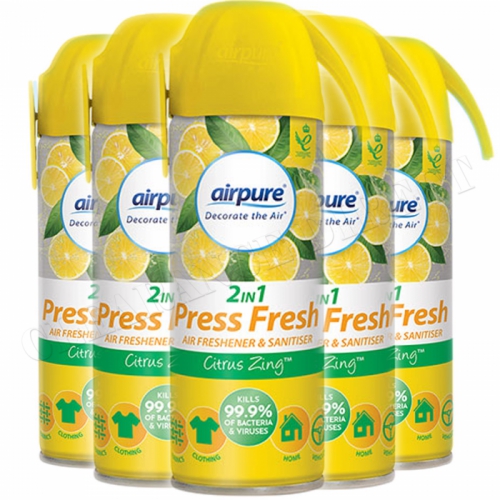 6 x AirPure 2in1 Press Fresh Air Freshener Sanitizer Spray Citrus Zing 180ML