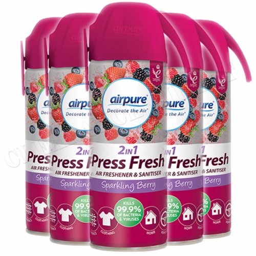 6 x AirPure 2in1 Press Fresh Air Freshener Sanitizer Spray Sparkling Berry 180ML