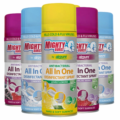 6 x MIGHTY BURST AIRPURE ANTIBAC ALL IN ONE DISINFECTANT SPRAY ASSORTED 450ml