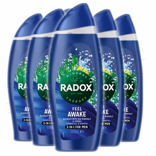 6 x Radox Mens Shower Gel Body Wash Fragrance Feel Awake 500ml Shampoo Sea Mineral & Fennel