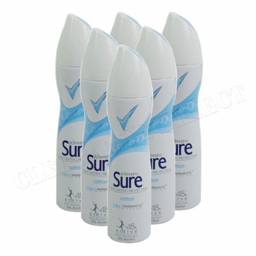 6 x Sure MotionSense Cotton Dry Anti-Perspirant 150ml eacH dry & fresh women