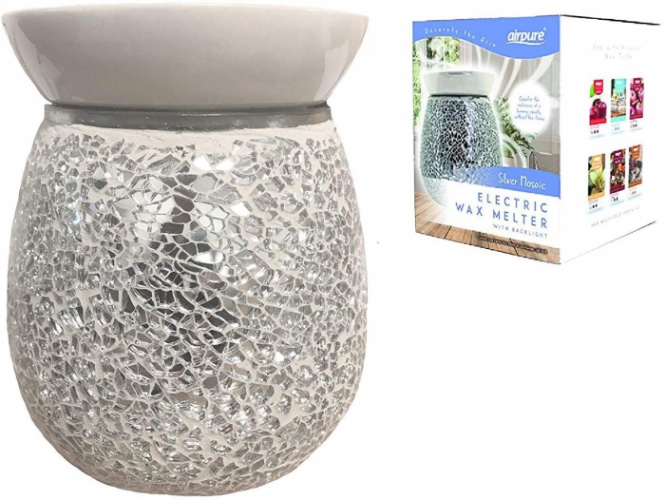 The Infinity Fragrance Lovers Mosaic Silver Electric Wax Melt Oil Burner w/Backlight & Removable Ceramic Top Tray