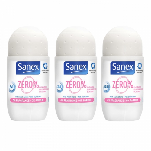 Sanex ZERO% Fragrance/Perfume Roll On Deodorant 24hr Protection x 3