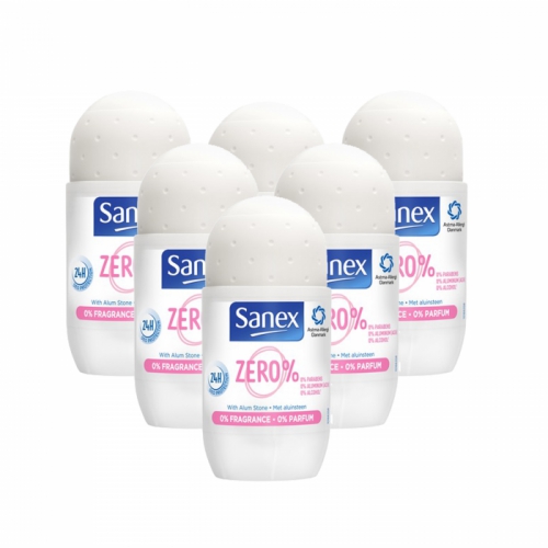 Sanex ZERO% Fragrance/Perfume Roll On Deodorant 24hr Protection x 6