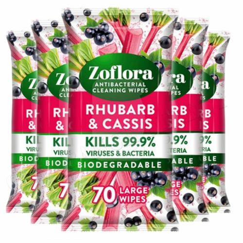 Zoflora Antibacterial Multi-surface Wipes Rhubarb and Cassis Multipack 6 x 70 Large Wipes